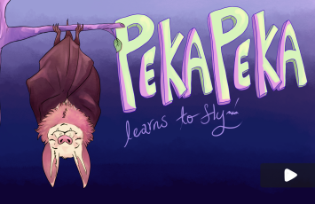 titlecard showing a cute bat and the text "peka peka learns to fly"