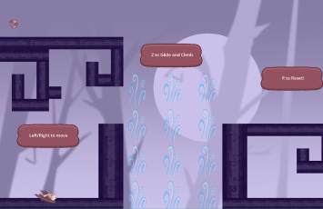 Screenshot of the game, peka the bat standing idle in a platformer level comprised of branches in a box formation