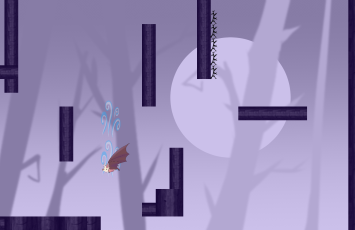  Screenshot of the game, peka the bat flying in a wind gust in a platformer level comprised of branches floating vertically