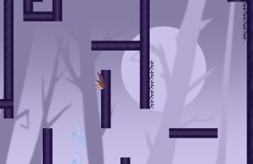 Screenshot of the game, peka the bat climbing up a vertical tree log