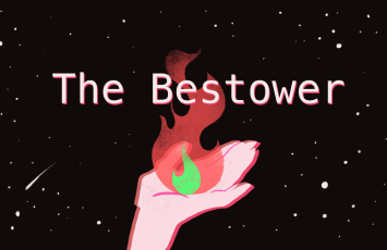 The Bestower Title Card - a hand holding a red and green flame in front of a view of outer space